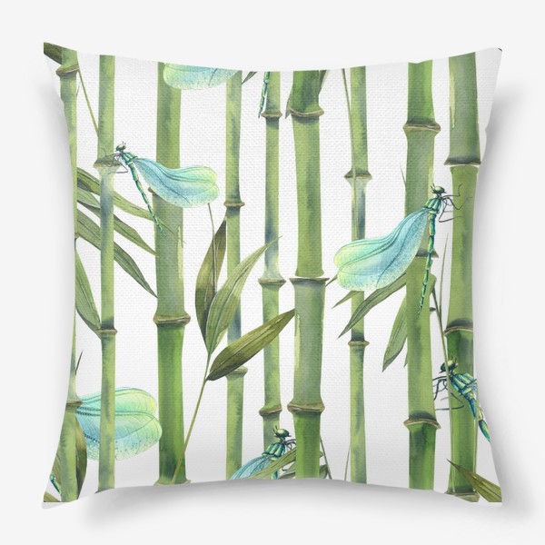 Подушка «Стебли и листья бамбука, стрекозы. Акварель, паттерн.»