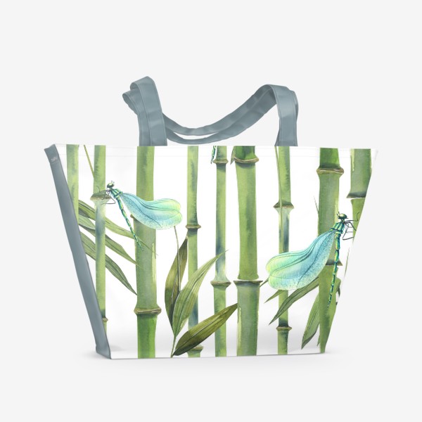 Пляжная сумка «Стебли и листья бамбука, стрекозы. Акварель, паттерн.»