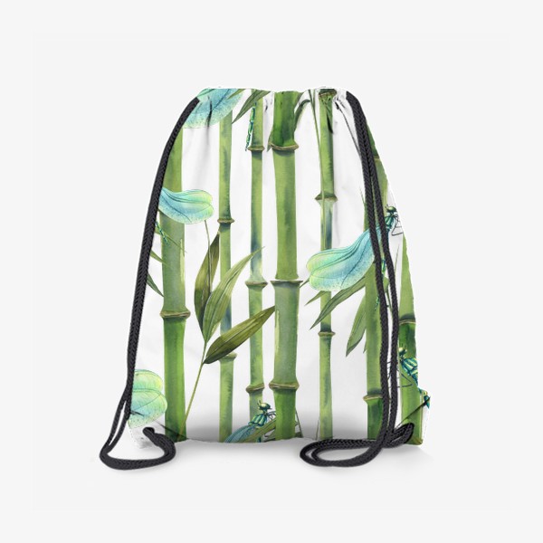 Рюкзак «Стебли и листья бамбука, стрекозы. Акварель, паттерн.»