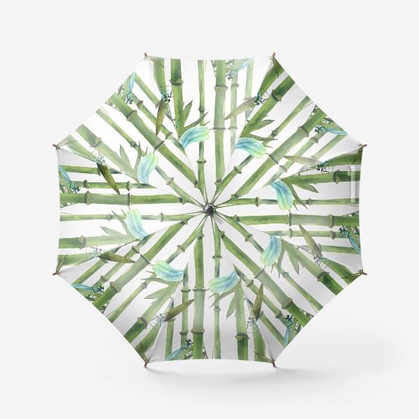 Зонт «Стебли и листья бамбука, стрекозы. Акварель, паттерн.»