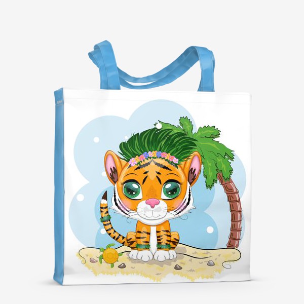 Сумка-шоппер «Тигренок на пляже в гавайском наряде, символ 2022 года. Отдых, каникулы»