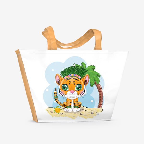 Пляжная сумка «Тигренок на пляже в гавайском наряде, символ 2022 года. Отдых, каникулы»