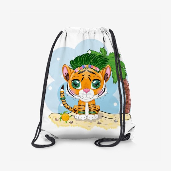 Рюкзак «Тигренок на пляже в гавайском наряде, символ 2022 года. Отдых, каникулы»