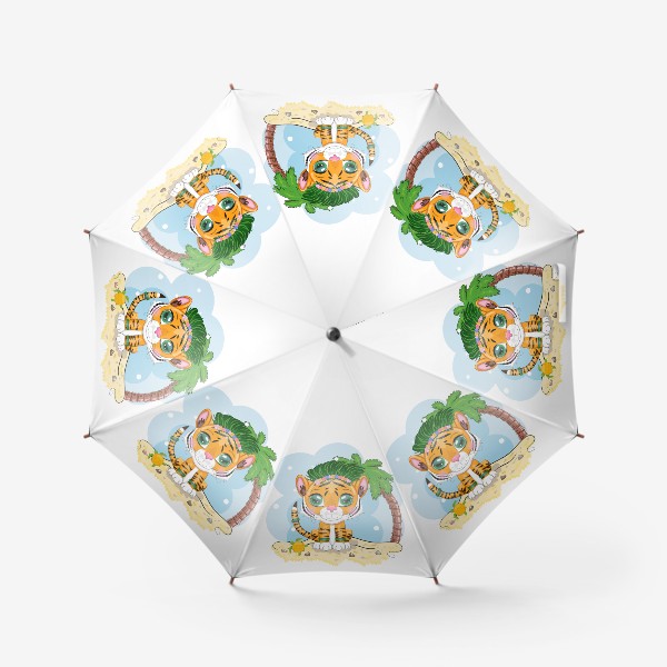 Зонт «Тигренок на пляже в гавайском наряде, символ 2022 года. Отдых, каникулы»