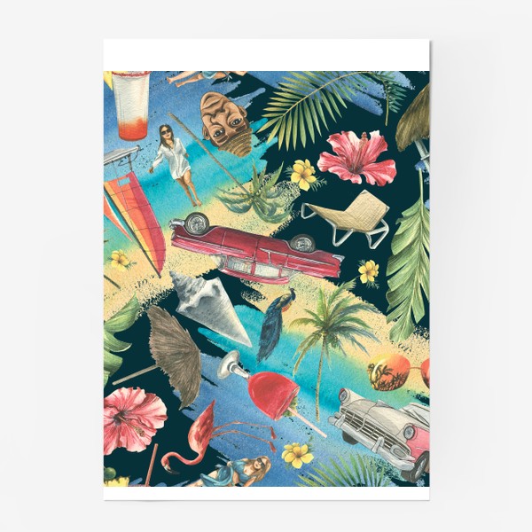 Постер «Райская Куба. Ретро машины, пляж, пальмы, фламинго, океан. Акварель, паттерн.»