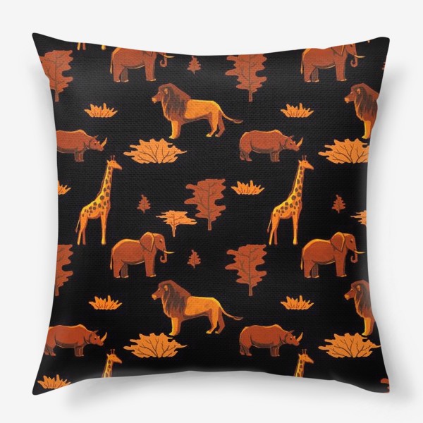 Подушка «Африканский этнический паттерн с животными из серии (жираф, слон, лев, носорог)»