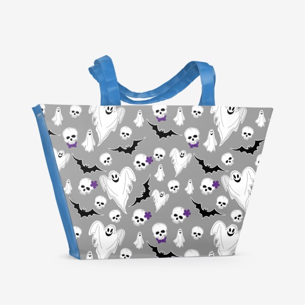 Пляжная сумка «Хэллоуин. Бесшовный паттерн с черепами,привидениями и летучими мышами.»