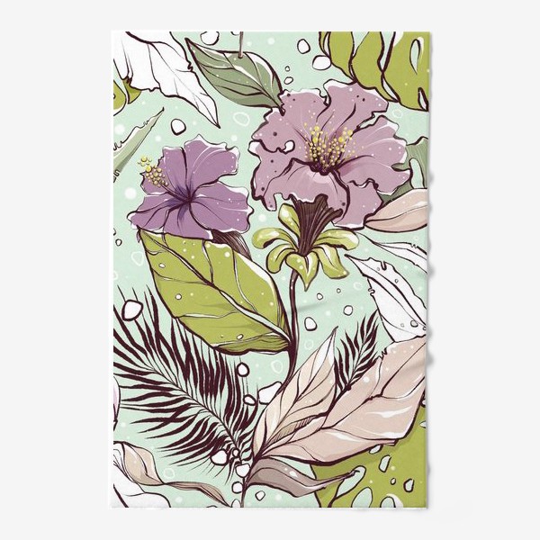 Полотенце «Розовые цветы и пальмовые листья на мятном»