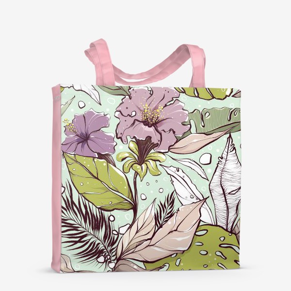 Сумка-шоппер &laquo;Розовые цветы и пальмовые листья на мятном&raquo;