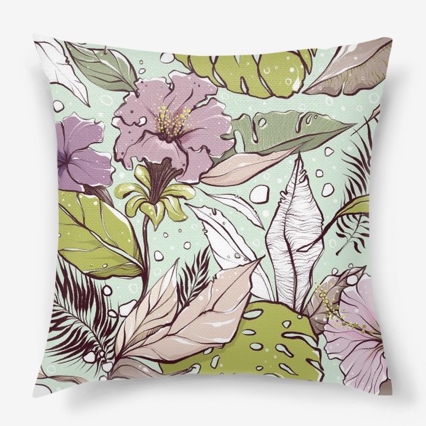 Подушка «Розовые цветы и пальмовые листья на мятном»