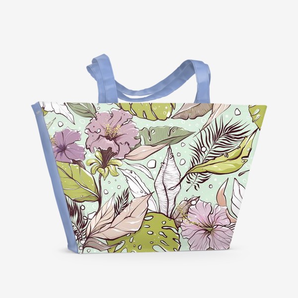 Пляжная сумка «Розовые цветы и пальмовые листья на мятном»