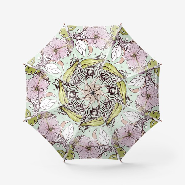 Зонт &laquo;Розовые цветы и пальмовые листья на мятном&raquo;