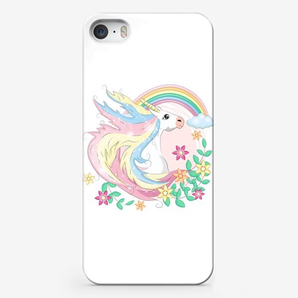 Чехол iPhone «Белый единорог с радугой и цветами, волшебные существа»