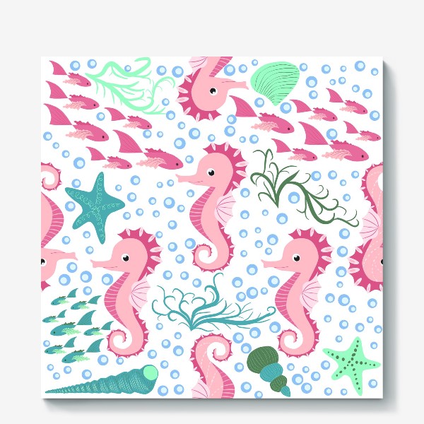 Холст «Морской конек розовый и рыбки, водоросли, пузыри паттерн»