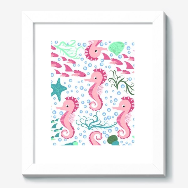 Картина «Морской конек розовый и рыбки, водоросли, пузыри паттерн»