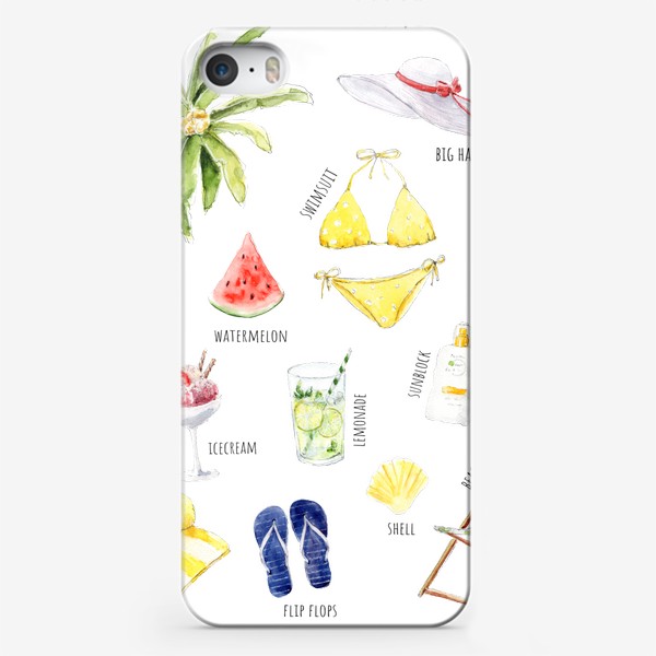 Чехол iPhone «Пляжный комплект, Летние предметы с текстом на английском»