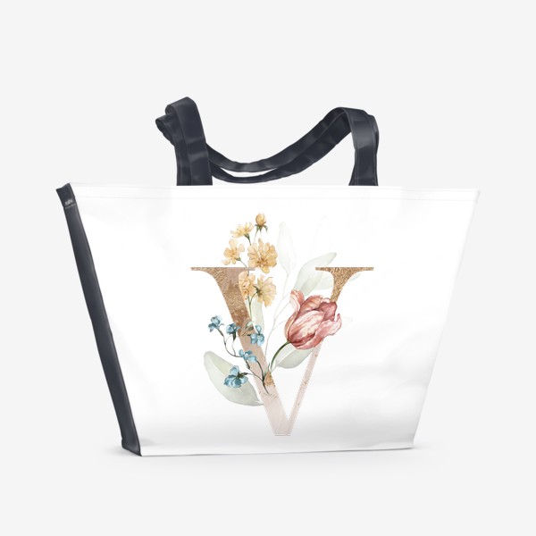 Пляжная сумка «Золотая буква В с акварельными цветами»