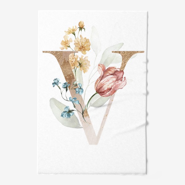 Полотенце «Золотая буква В с акварельными цветами»
