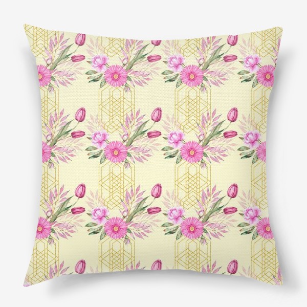 Подушка «Паттерн с розовыми цветами и золотом»