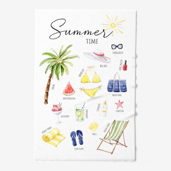 Полотенце «Пляжный комплект, Летние предметы с текстом на английском»