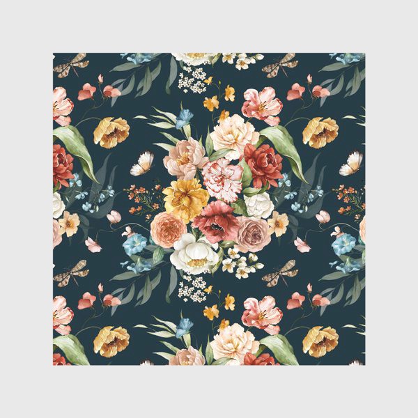Скатерть «Принт акварельные цветы пионы, маки, листья»