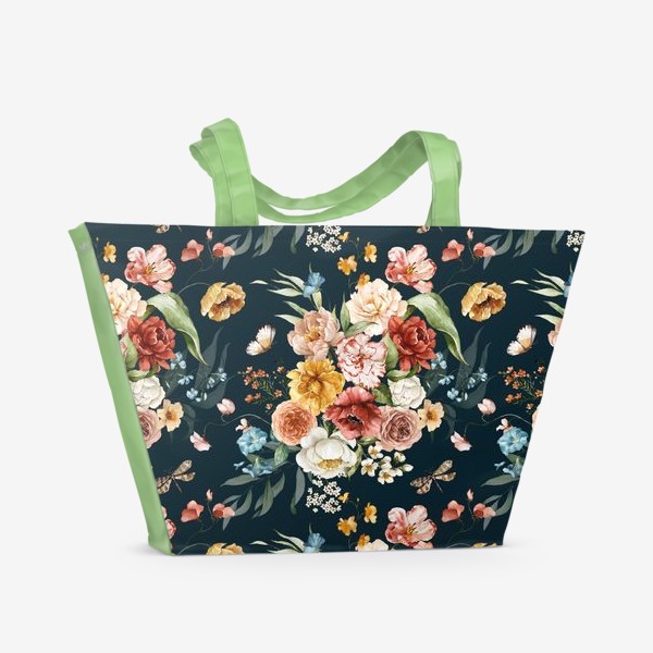 Пляжная сумка «Принт акварельные цветы пионы, маки, листья»