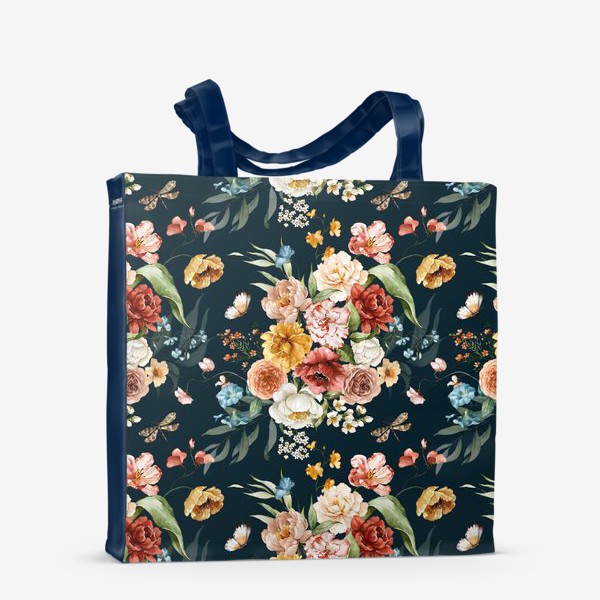 Сумка-шоппер «Принт акварельные цветы пионы, маки, листья»