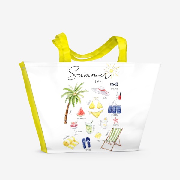 Пляжная сумка «Пляжный комплект, Летние предметы с текстом на английском»