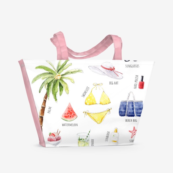 Пляжная сумка «Пляжный комплект, Летние предметы с текстом на английском»