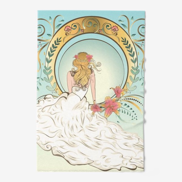 Полотенце «Блондинка в белом платье и розовые лилии»