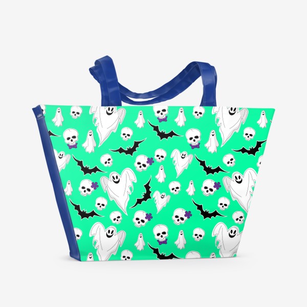 Пляжная сумка «Хэллоуин. Бесшовный паттерн с черепами,привидениями и летучими мышами.»