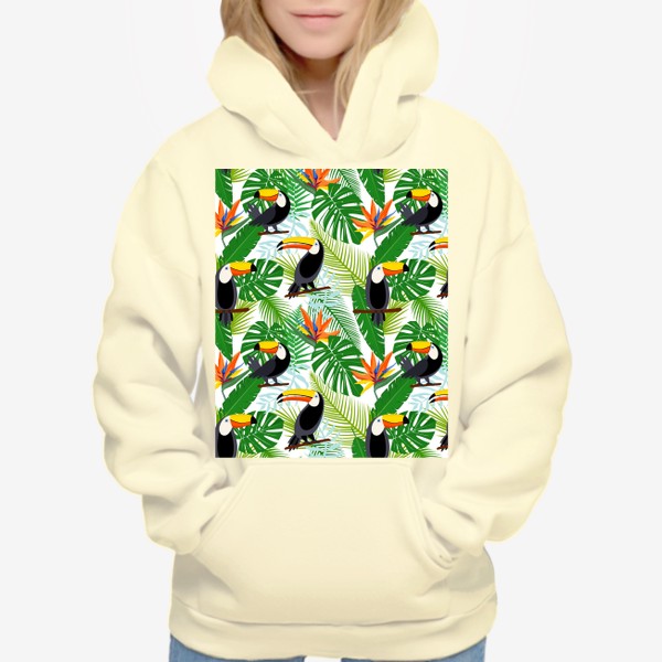 Худи «Туканы с тропическими листьями и цветами»