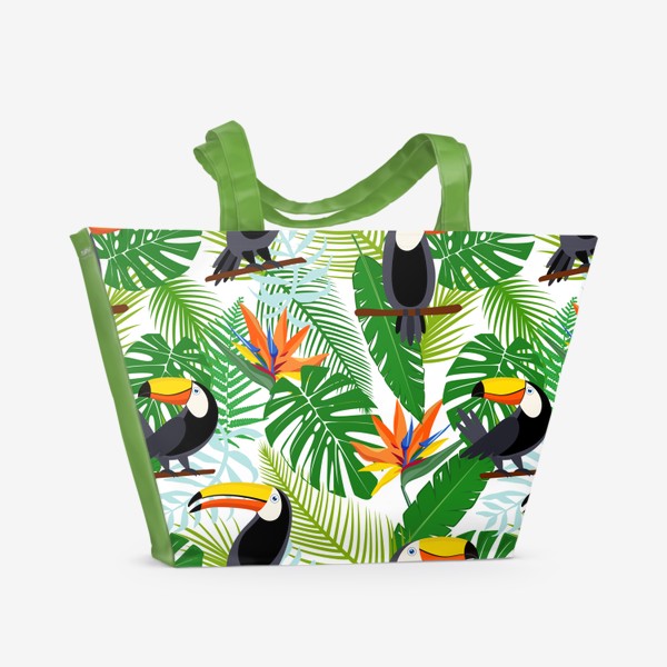 Пляжная сумка &laquo;Туканы с тропическими листьями и цветами&raquo;
