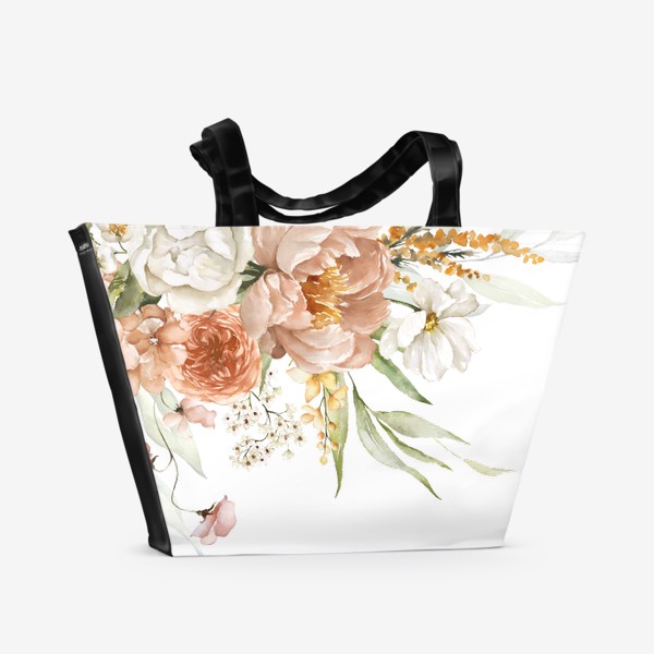 Пляжная сумка «Нежные акварельные пионы, маки и листья»