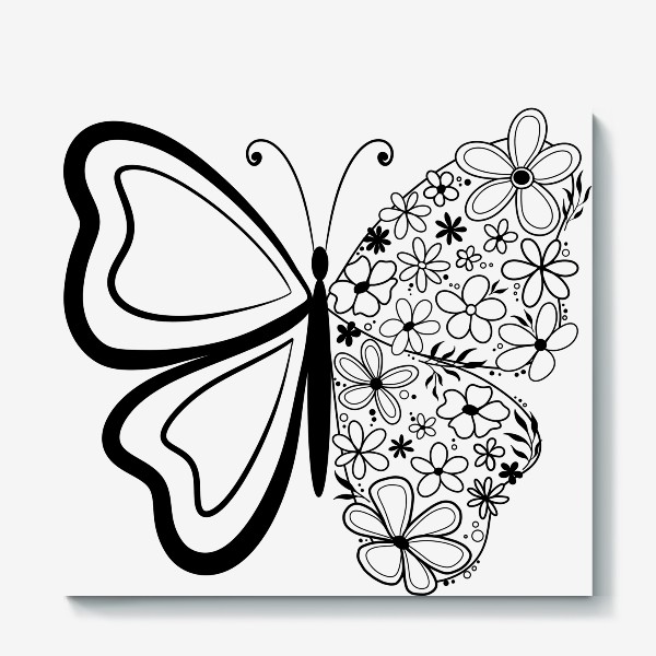 Холст «Бабочка с цветами, графика черный монохром»