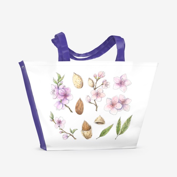 Пляжная сумка &laquo;Акварельный сет с цветущим миндалём. Растительные мотивы.&raquo;