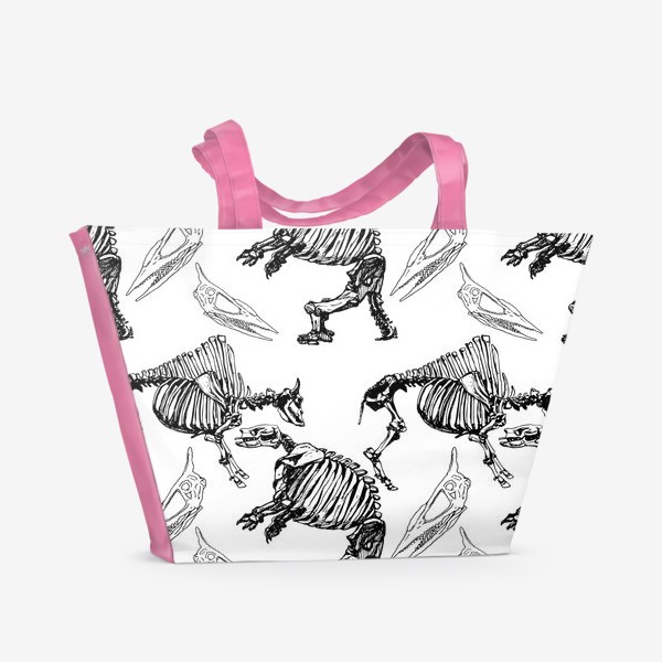 Пляжная сумка «Скелеты древнего быка, ленивца и череп птеродактиля. Динозавры и древние животные»