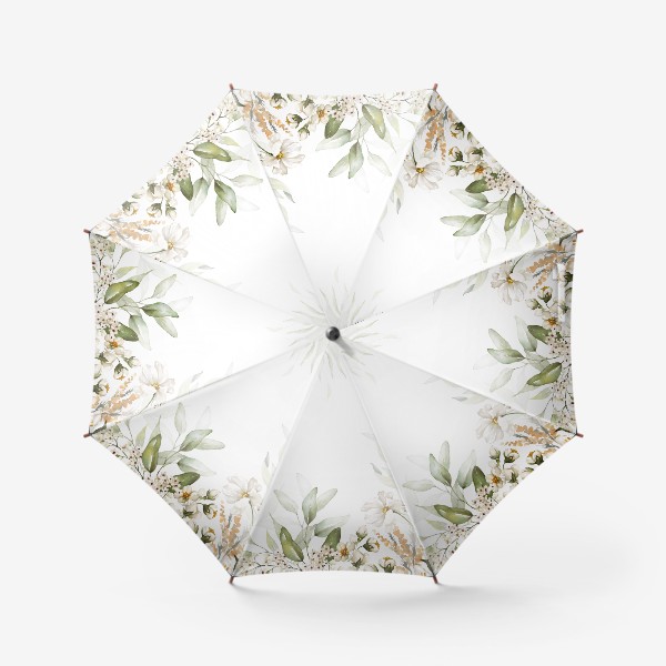 Зонт «Акварель белый пион, вишня, зелёные веточки»