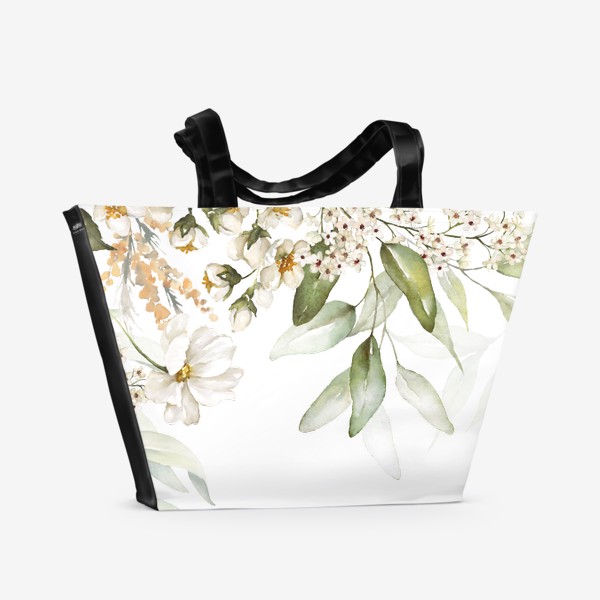 Пляжная сумка «Акварель белый пион, вишня, зелёные веточки»