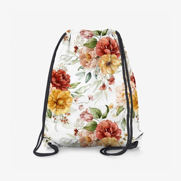 Рюкзак «Нежный принт акварельные пионы, маки и листья на белом фоне»