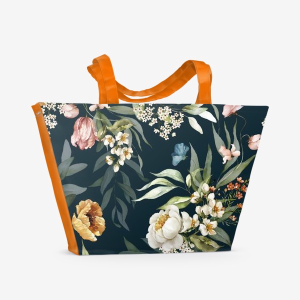 Пляжная сумка «Акварель Маки, пионы и листья на темном фоне»