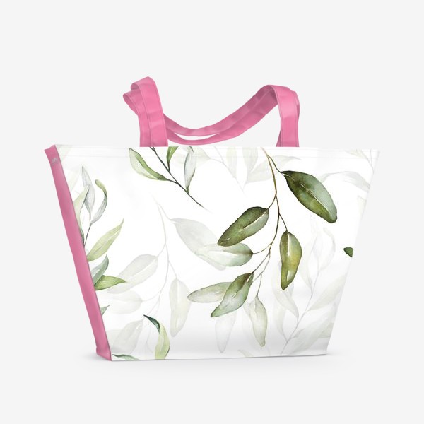 Пляжная сумка «Акварельные зелёные листья на белом фоне»
