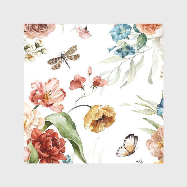 Скатерть «Акварельные пионы, маки, листья, бабочки и стрекоза»