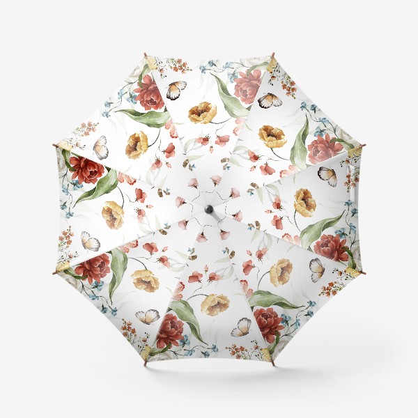 Зонт «Акварельные пионы, маки, листья, бабочки и стрекоза»
