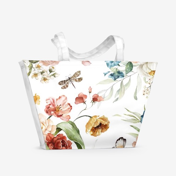 Пляжная сумка «Акварельные пионы, маки, листья, бабочки и стрекоза»