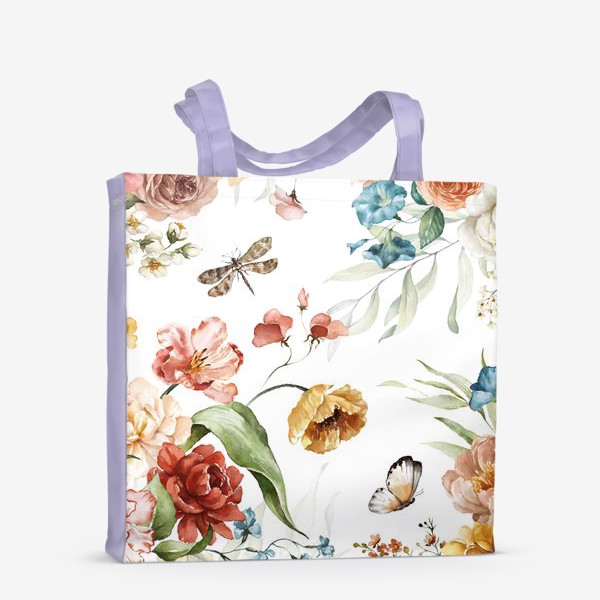 Сумка-шоппер «Акварельные пионы, маки, листья, бабочки и стрекоза»