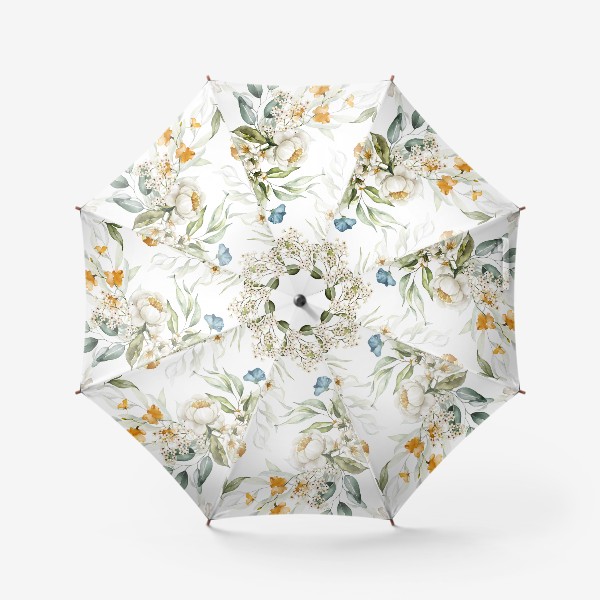 Зонт &laquo;Акварельный букет пионы, маки, вишня, листья на белом фоне&raquo;