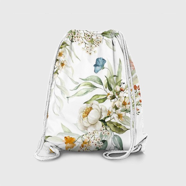 Рюкзак «Акварельный букет пионы, маки, вишня, листья на белом фоне»