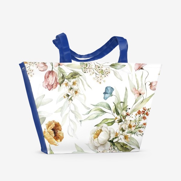 Пляжная сумка «Акварельный букет пионы, маки, вишня, листья на белом фоне»