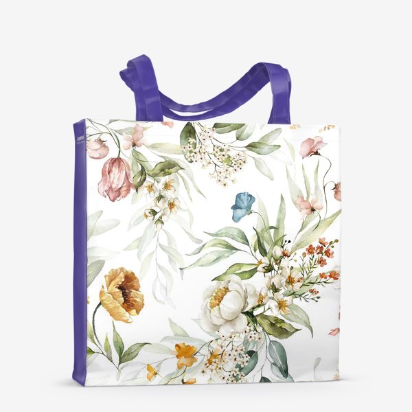 Сумка-шоппер «Акварельный букет пионы, маки, вишня, листья на белом фоне»